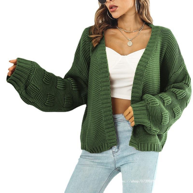 Damen Grobstrick Cardigan mit breiten Ärmeln und V-Ausschnitt Heidi-Mode