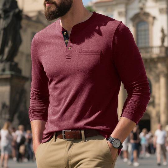 Herren Langarmshirt mit Knopfleiste und Brusttasche Heidi-Mode