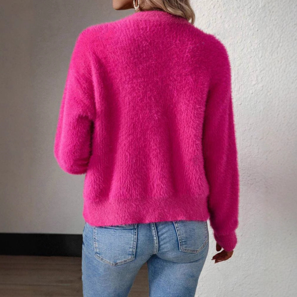Damen Flauschiger V-Ausschnitt Cardigan mit Knopfdetail Heidi-Mode