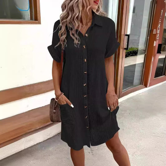 Damen Kurzarm Hemdkleid mit Knopfleiste und praktischen Taschen Heidi-Mode