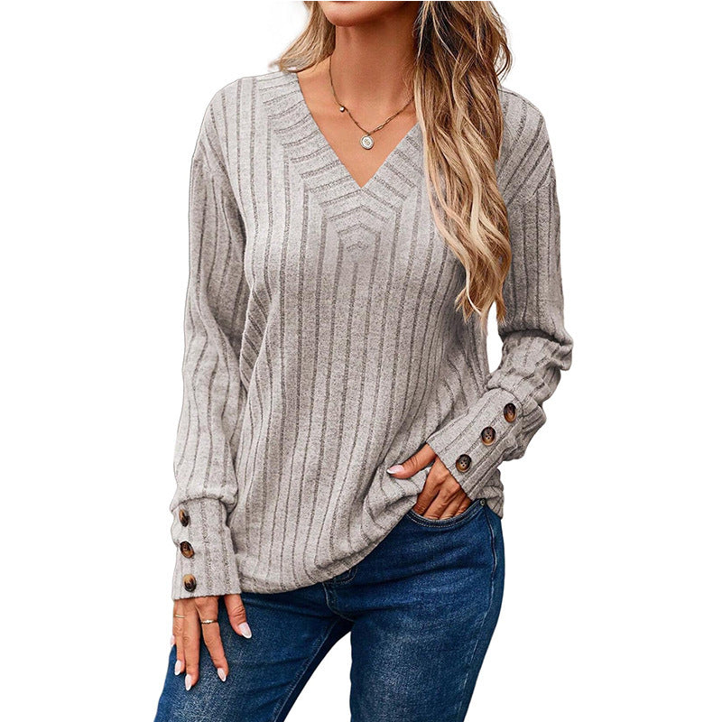 Damen V-Ausschnitt Pullover mit dekorativem Streifenmuster und Knopfdetails Heidi-Mode