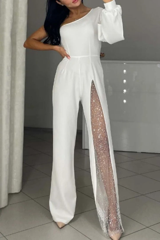 Damen Eleganter Jumpsuit mit transparenten Einsätzen und Pailletten Heidi-Mode