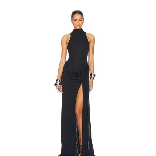 Damen Elegantes Maxikleid mit hochgeschlossenem Kragen und seitlichem Schlitz Heidi-Mode