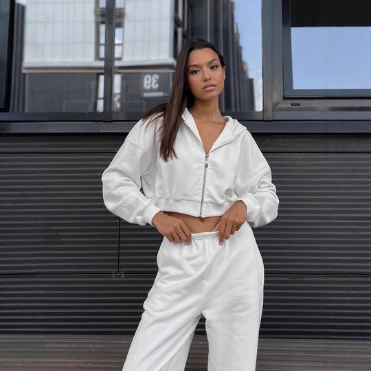 Damen lässiges Freizeit-Set mit cropped Hoodie und weiten Hosen Heidi-Mode
