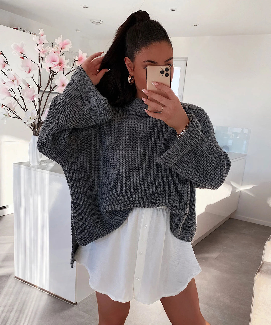 Damen oversized Strickpullover mit strukturiertem Lochdesign und lässigem Schnitt Heidi-Mode