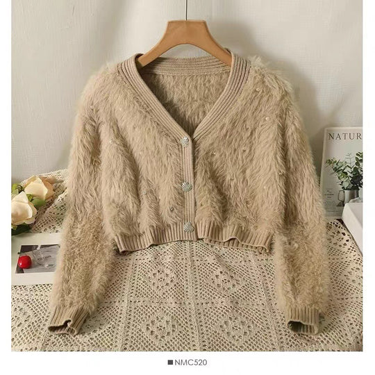 Damen Flauschiger Kurz-Cardigan mit dezenten Knopfdetails Heidi-Mode