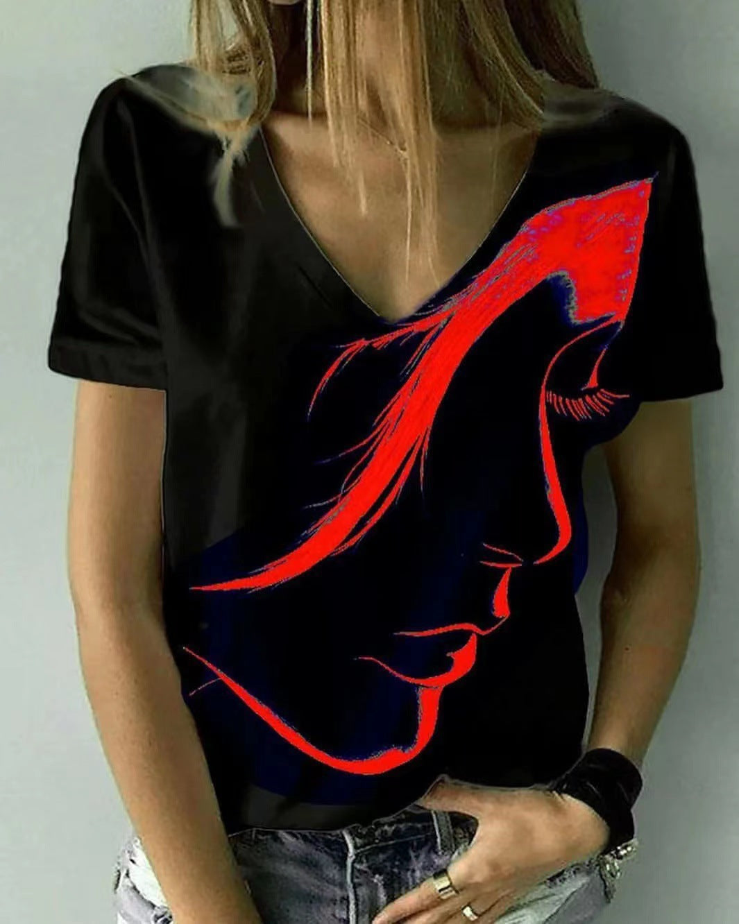 Damen V-Ausschnitt T-Shirt mit kreativem Grafikdruck Heidi-Mode