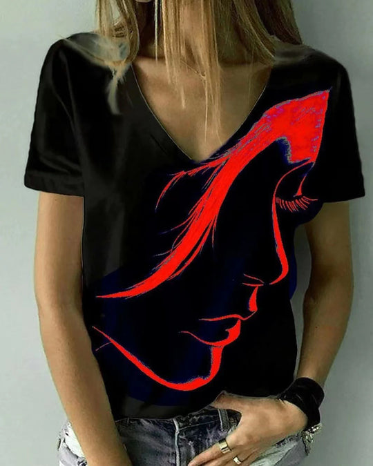 Damen V-Ausschnitt T-Shirt mit kreativem Grafikdruck Heidi-Mode