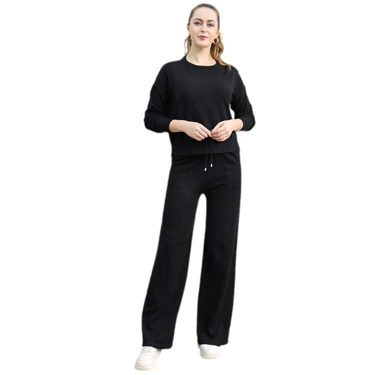 Damen gemütliches Strick-Loungewear-Set mit weitem Schnitt und praktischen Taschen Heidi-Mode
