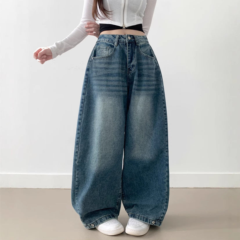 Damen Weite High-Waist Denim-Hose mit Faltenwurf Heidi-Mode