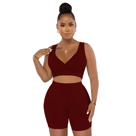 Damen Sportliches Set aus Cropped Oberteil und Radlerhosen mit Rippstruktur Heidi-Mode