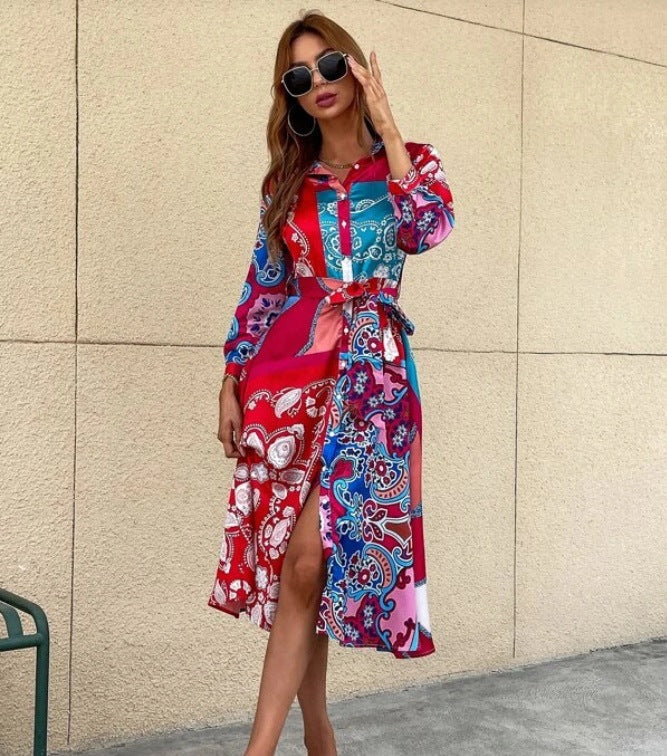 Heidi-Mode | Langarm Gedruckter Gürtel Foulard Midi Kleid