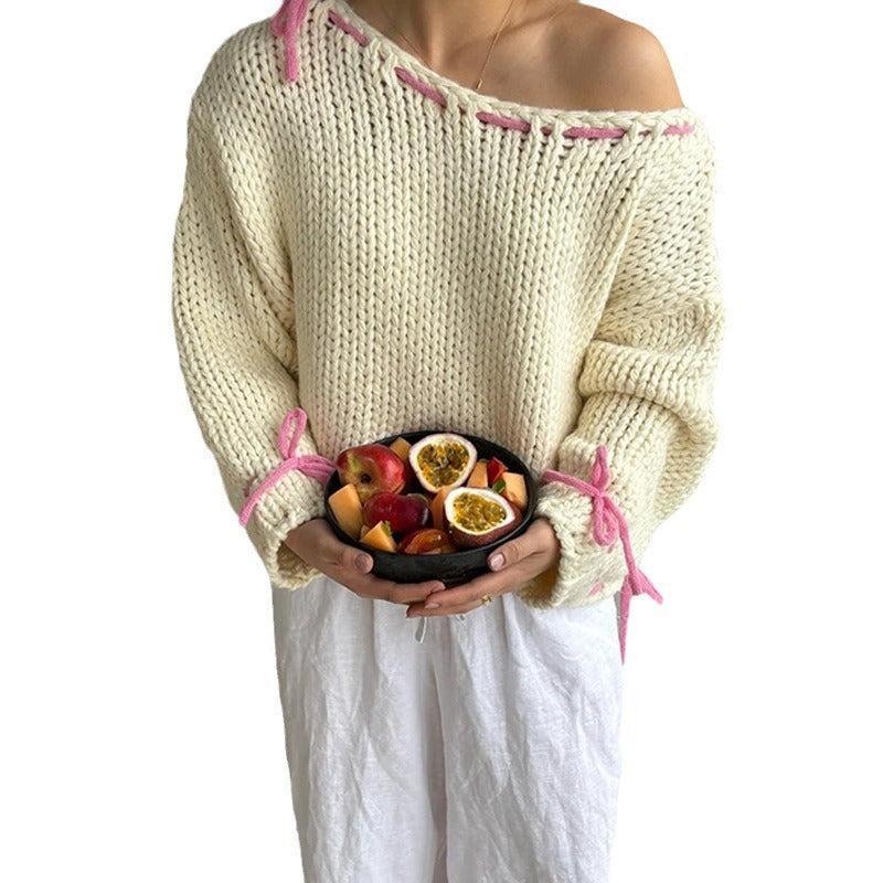 Damen lässiger Pullover mit offener Schulter und dekorativem Bindegürtel Heidi-Mode