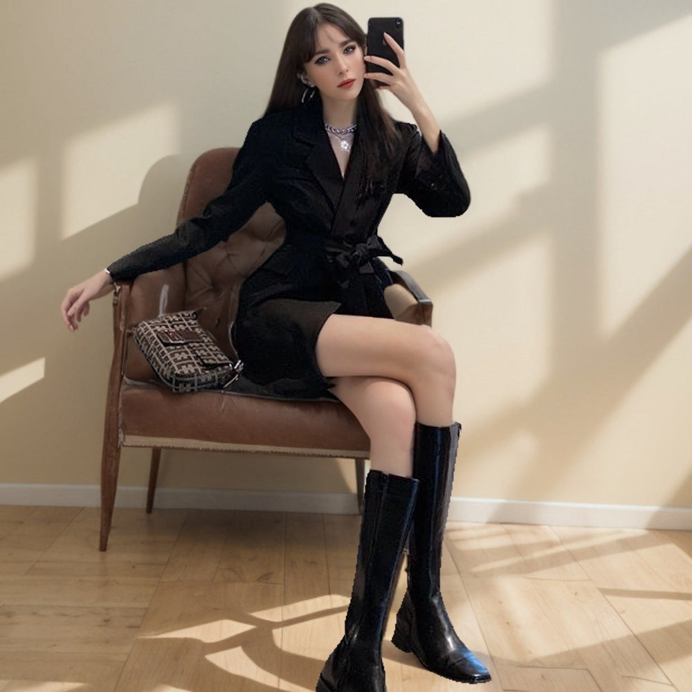 Heidi-Mode | Blazer Slim Fit Taillengürtel V-Ausschnitt Langarm Mittellang Maßgeschneidert