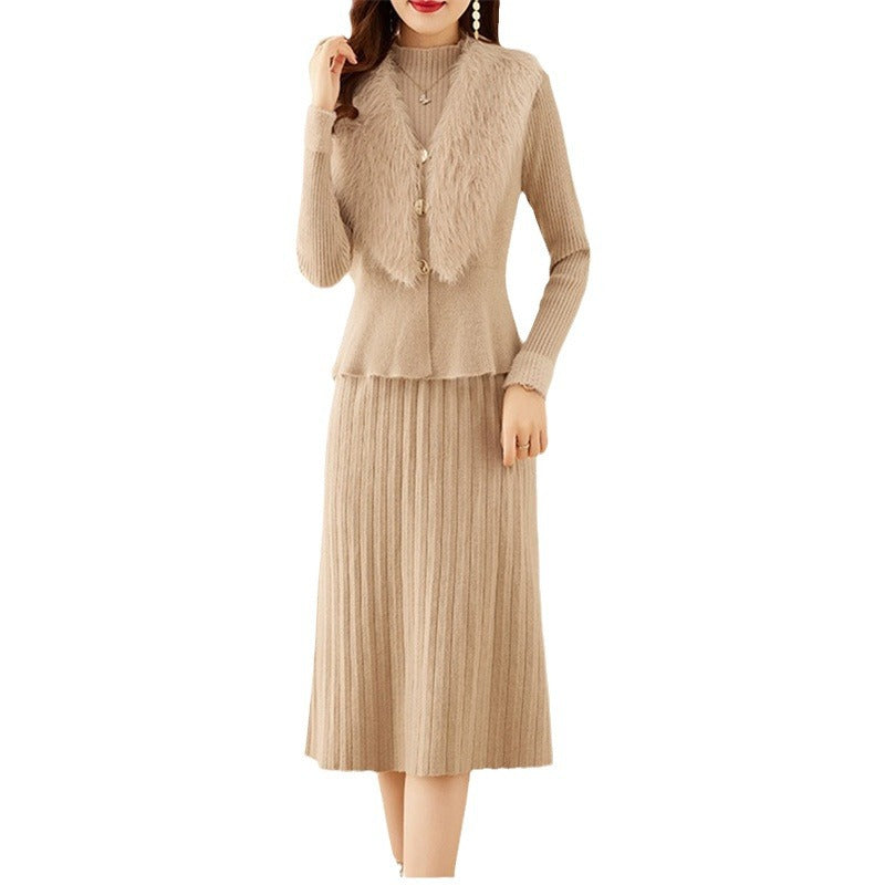 Damen elegantes Strickset mit hochwertigem Fellkragen und modischer Rippstruktur Heidi-Mode