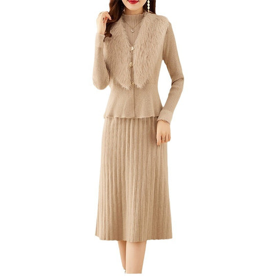 Damen elegantes Strickset mit hochwertigem Fellkragen und modischer Rippstruktur Heidi-Mode