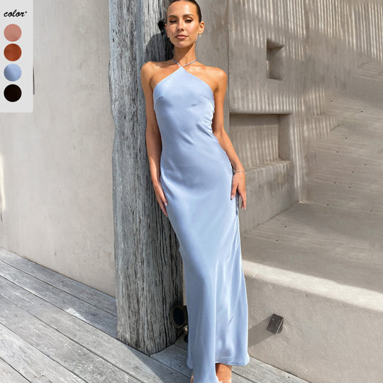 Damen Satin-Maxikleid mit schulterfreiem Design und elegantem Fall Heidi-Mode