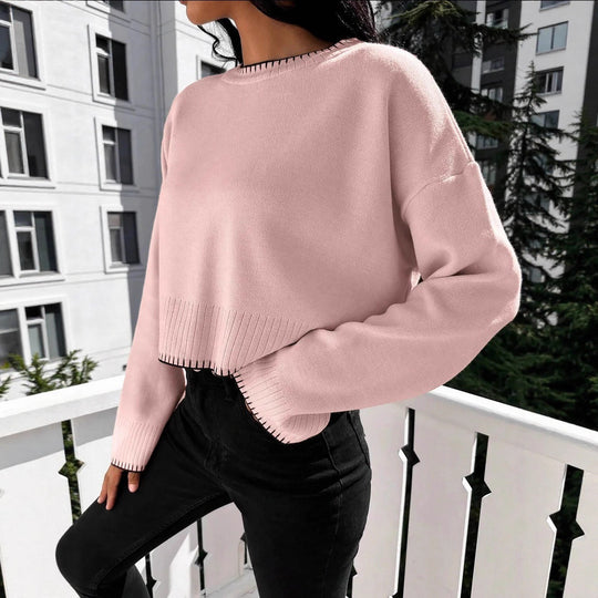 Damen lässiger Crop-Pullover mit strukturierten Säumen und Rundhalsausschnitt Heidi-Mode