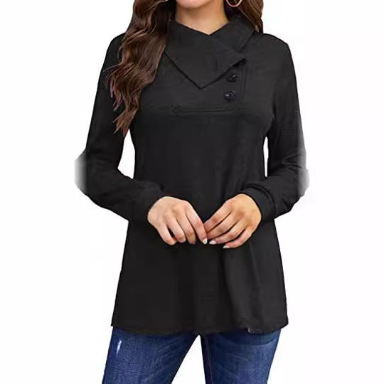 Damen asymmetrisches Sweatshirt mit hohem Kragen und praktischen Knopfdétails Heidi-Mode