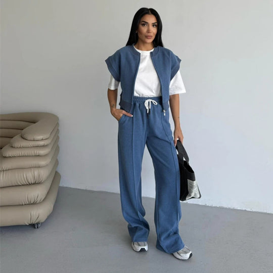 Damen sportliches Twin-Set mit kurzem Reißverschluss und weiten Hosen Heidi-Mode