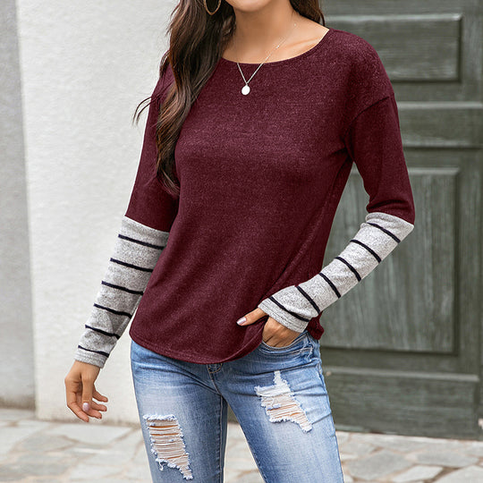 Damen Lässiges Langarmshirt mit gestreiften Ärmeln Heidi-Mode