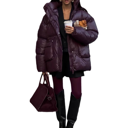 Damen Oversized Daunenjacke mit sichtbarem Steppdesign und hohem Kragen Heidi-Mode