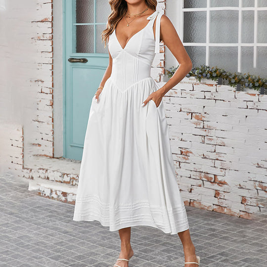 Damen Maxi-Kleid mit V-Ausschnitt und eleganten Spagettiträgern Heidi-Mode