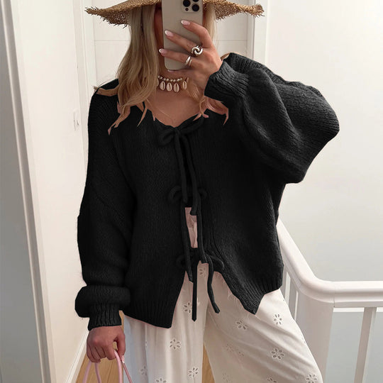 Damen lässiger Strickmantel mit Schleifenverschluss und voluminösen Ärmeln Heidi-Mode
