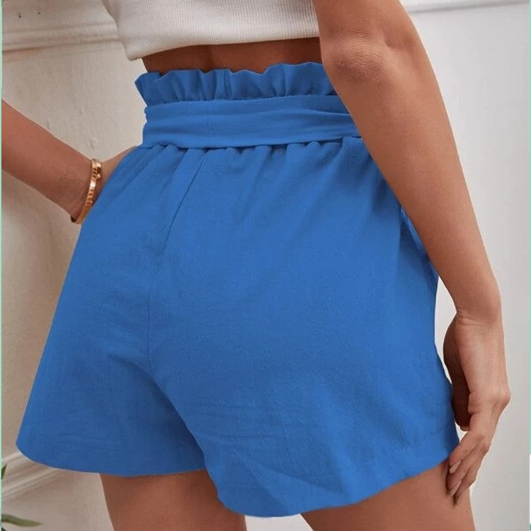 Damen elegante Leinen-Shorts mit Bindegürtel und breitem Bund Heidi-Mode