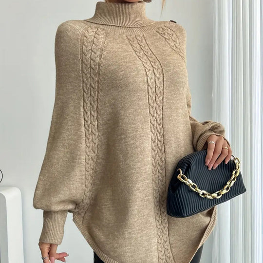 Damen Eleganter Strickponcho mit Rollkragen und Zopfmuster Heidi-Mode