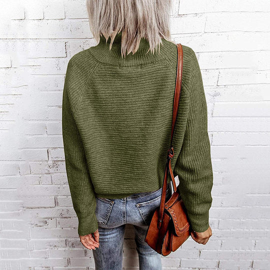 Damen lässiger Strickpullover mit hochgeschlossenem Kragen und dekorativen Nähten Heidi-Mode