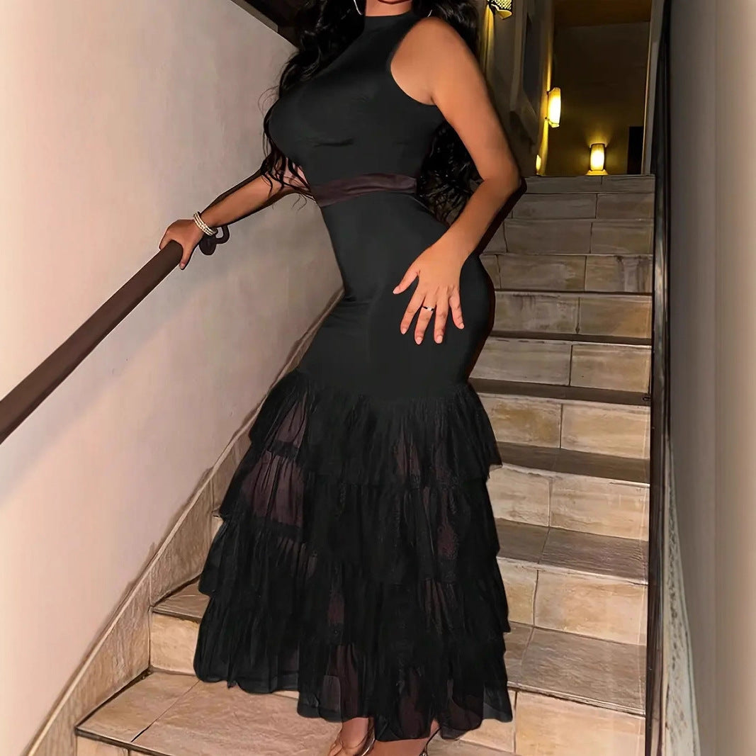 Damen Maxikleid mit transparentem Tüllrock und figurbetontem Oberteil Heidi-Mode