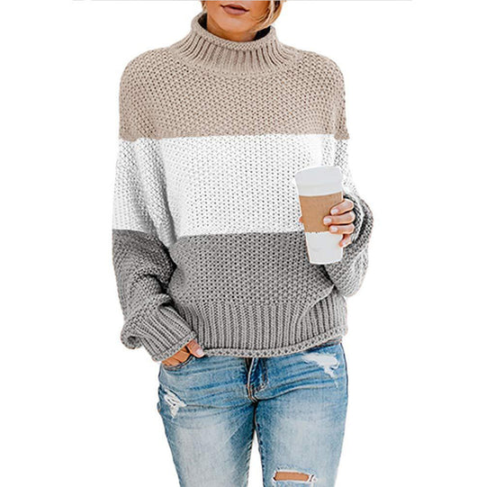 Damen Grobstrickpullover mit hohem Kragen und modischem Farbblockdesign Heidi-Mode