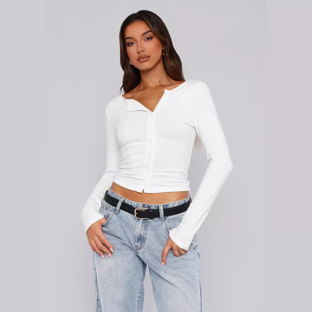 Damen figurbetontes Langarmshirt mit Knopfleiste Heidi-Mode