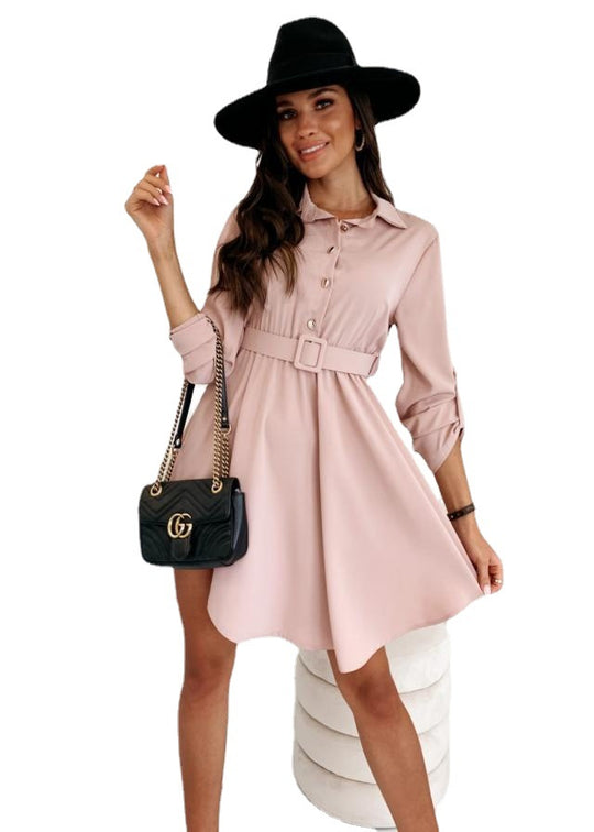 Damen Hemdblusenkleid mit taillierter Gürtel und asymmetrischem Saum Heidi-Mode