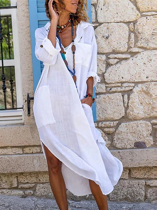 Damen Luftiges Strandkleid mit langen Ärmeln und praktischen Taschen Heidi-Mode