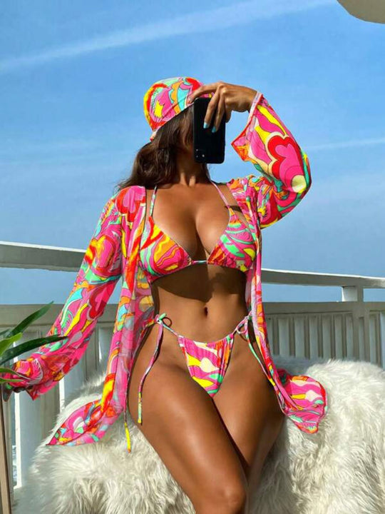 Damen Bikiniset mit leichtem, transparentem Kimono und verspieltem Muster Heidi-Mode