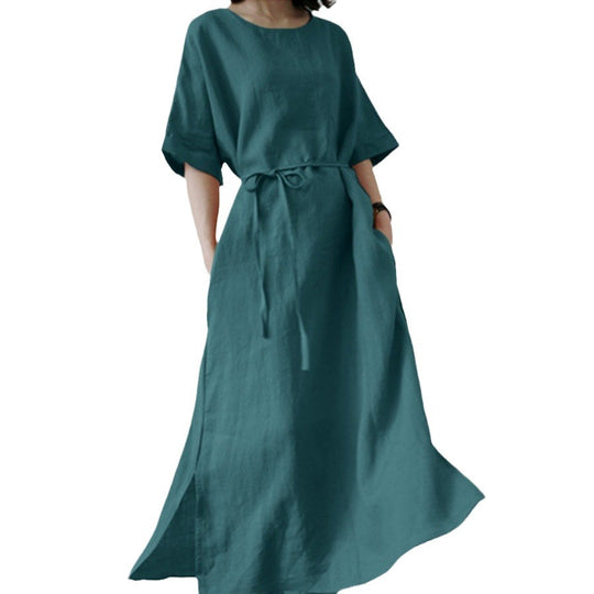 Damen Leinenmaxikleid mit weit geschnittenen Ärmeln und Taillengürtel Heidi-Mode