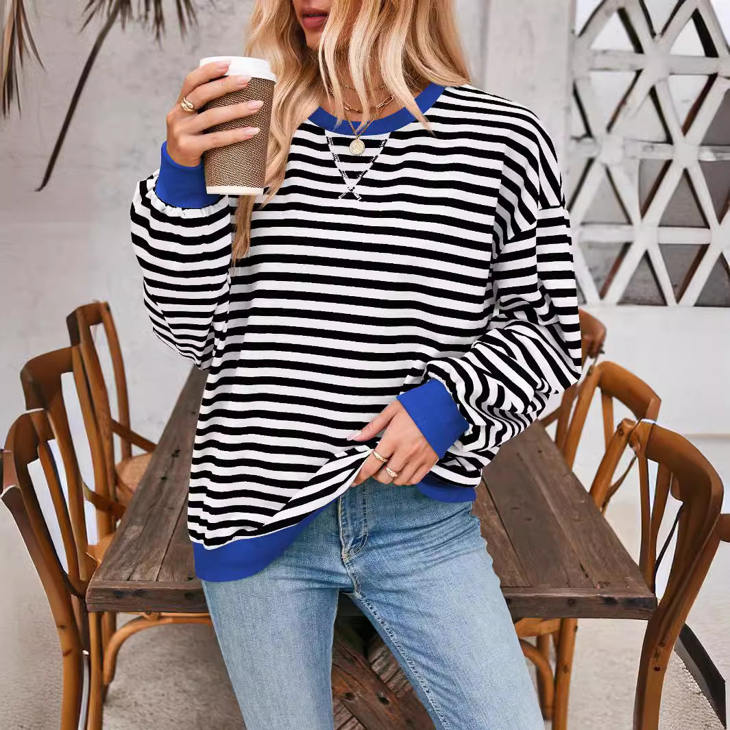 Damen lässiger Oversized Sweatshirt mit bunten Streifen und Kapuzenkordel Heidi-Mode