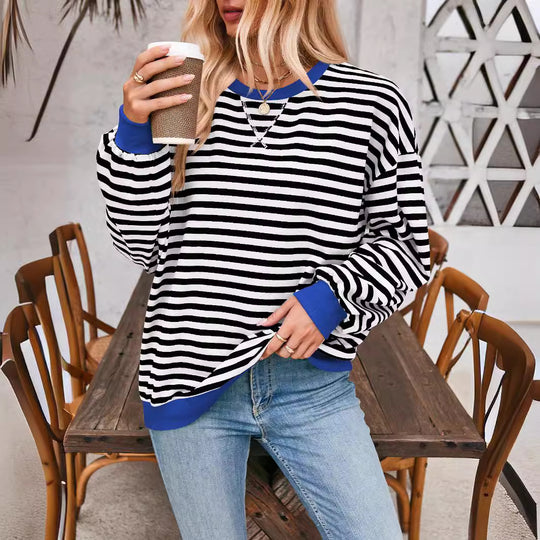Damen lässiger Oversized Sweatshirt mit bunten Streifen und Kapuzenkordel Heidi-Mode