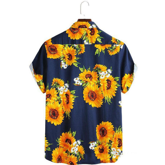 Herren Kurzarmhemd mit farbenfrohem Sonnenblumenmuster und leichtem Baumwollstoff Heidi-Mode