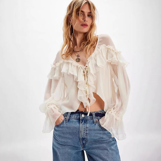 Femme Elegante Volant Bluse mit Krawatten-Detail Heidi-Mode