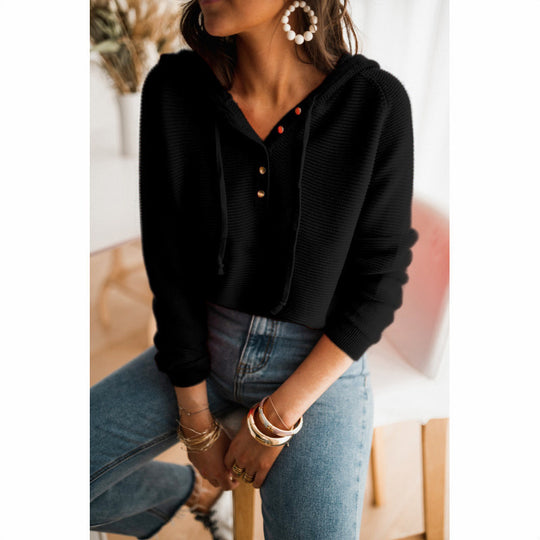 Damen lässiger Kapuzenpullover mit Knopfleiste und hohem Kragen Heidi-Mode