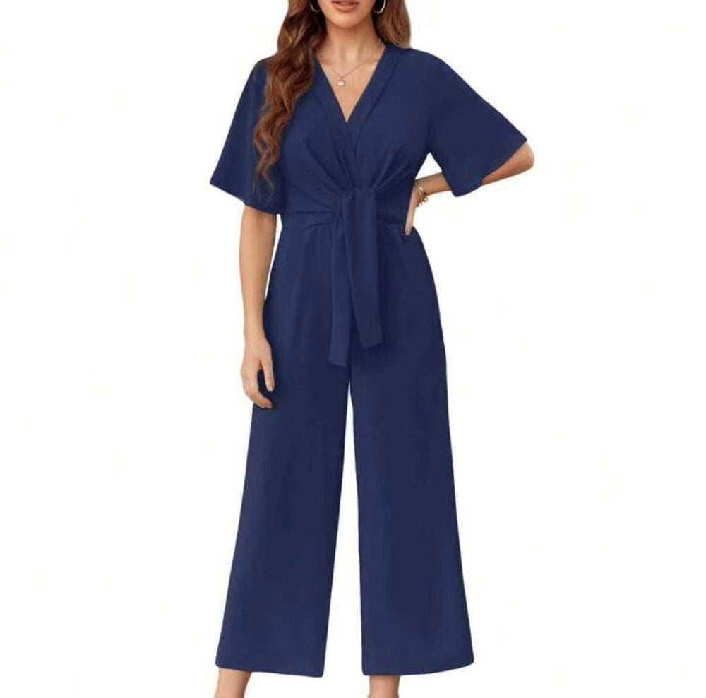 Damen eleganter Wickel-Jumpsuit mit weiten Beinen und Taillengürtel Heidi-Mode