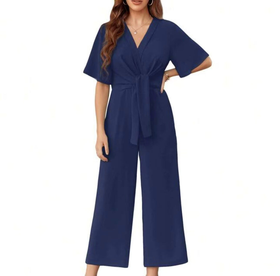 Damen eleganter Wickel-Jumpsuit mit weiten Beinen und Taillengürtel Heidi-Mode