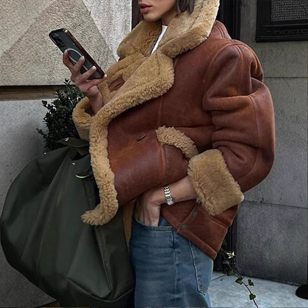 Damen Lässige und modische Teddyjacke mit großem Kragen und weich gefüttertem Innenleben Heidi-Mode