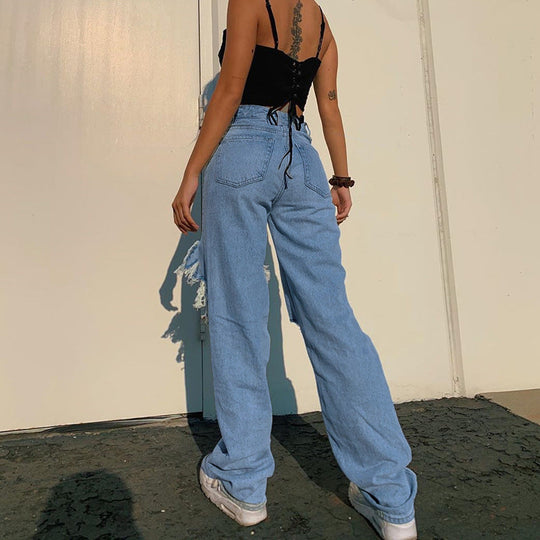 Heidi-Mode | Damen Hoch Taille Jeans mit Großen Rissen