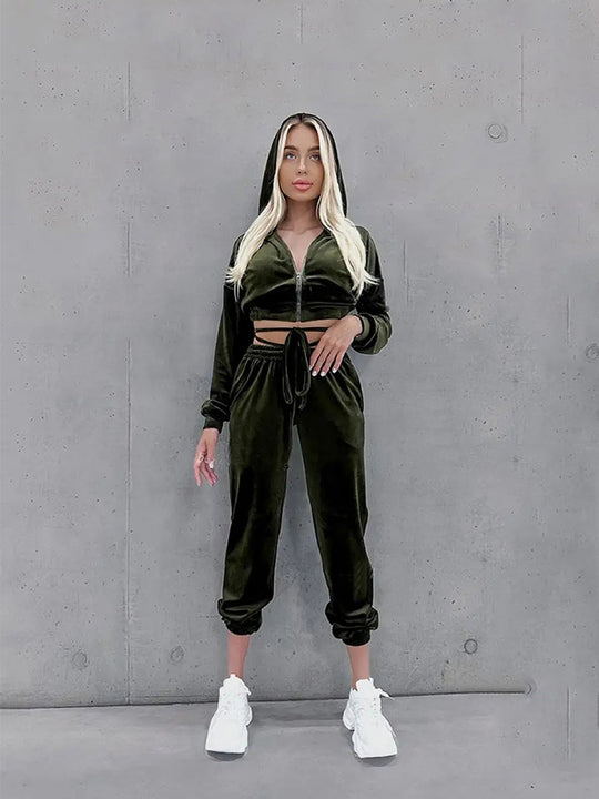 Damen Sportliches Fleece Lounge-Set mit Kapuze und elastischem Bund Heidi-Mode