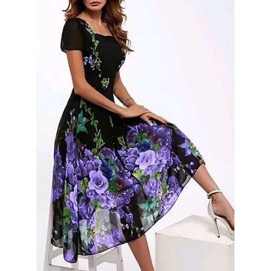 Damen Elegantes Midi-Kleid mit floralem Druck und schwingendem Saum Heidi-Mode