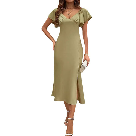 Damen elegantes Midikleid mit schickem V-Ausschnitt und voluminösen Rüschendetails Heidi-Mode